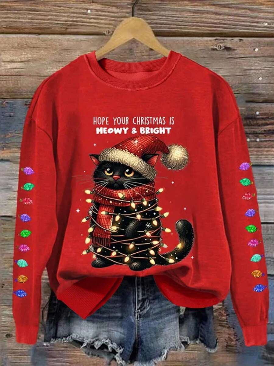 EMERY ROSE 圣诞搞笑猫咪印花圆领女式卫衣 - 紅色 - 查看 1