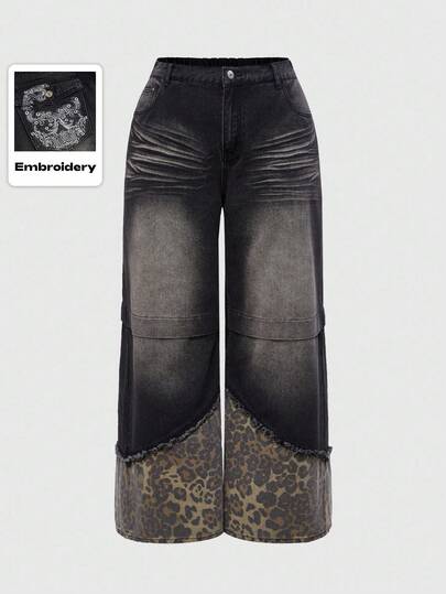 Große Größen Gothic Street Vintage Patchwork Leopard Totenkopf Stickerei Jeans, locker geschnittene Herbst/Winter Hose für Damen in Große Größen, ausgefranste, lässig sitzende Jeans mit weitem Bein