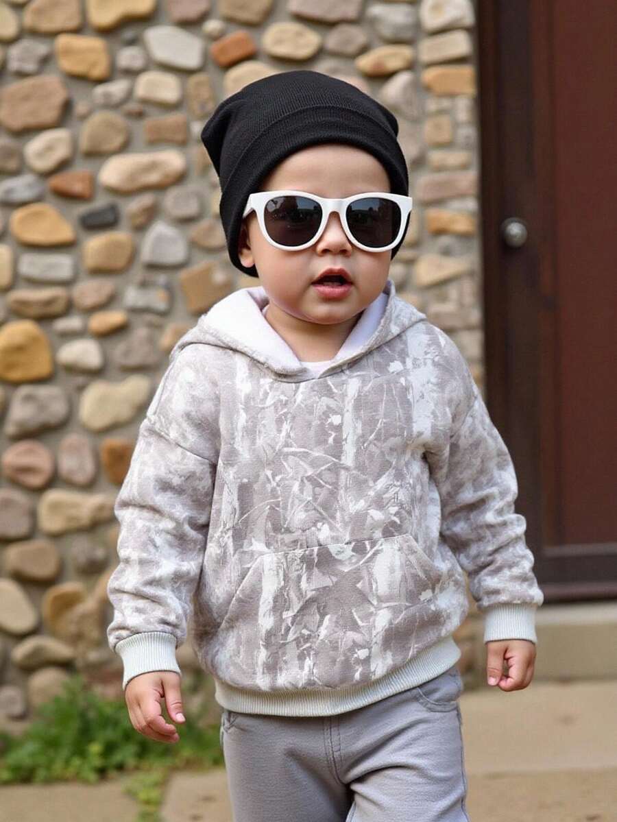 男婴和女婴休闲枯萎花朵印花卫衣，舒适、时尚、百搭、面料柔软，适合日常穿着、上学、郊游、户外活动 - 杏色 - 查看 1