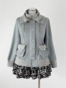 Sunspun Plus Size Floral & Ribbed Patchwork Stand Collar Zip-Up Decorated Button Pocket Long Sleeve Cinched Waist Jacket - Grey - View 4