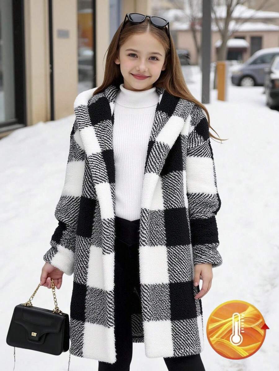 SHEIN Serisse Kids 青少年女孩双面黑白格子印花长袖连帽休闲中长外套，适合秋冬休闲日常穿着，返校 - 黑與白 - 查看 1
