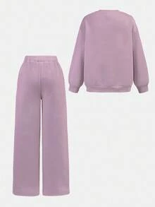 SHEIN Girlism Set de sudadera y pantalón de chándal con estampado de letras de ajuste holgado y cuello redondo para niñas preadolescentes, 2 piezas - Púrpura polvoriento - Ver 2