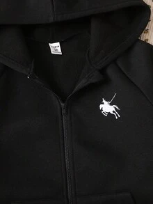 SHEIN 青少年女孩灰色纯色连帽运动衫 女童秋冬装 - 黑色 - 查看 4