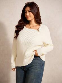 Elaquor Plus Size Elegant French Style Casual Striped Metal Button Knit Sweater Top For Women/Winter Fall/Winter - Beige - View 4