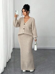 Elenzga Plus Size Solid Color Cardigan And Skirt 2 Pieces Set - Khaki - View 1