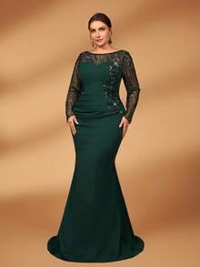 Serin Plus Size Elegant Dark Green Winter Formal Wedding Guest Dress,Boat Neck Long Sleeve Beaded Patchwork Knit Mermaid Mother Of The Bride - Green - View 6