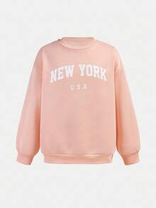 SHEIN 2 件套青少年女孩休闲字母印花宽松圆领运动衫和运动裤套装 - 淺粉色 - 查看 5