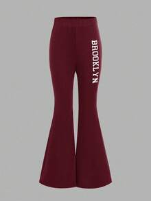 SHEIN 2pcs/Set Tween Girls Casual Contrast Color Print Crew Neck Long Sleeve Hoodie And Pants Set - Burgundy - View 4