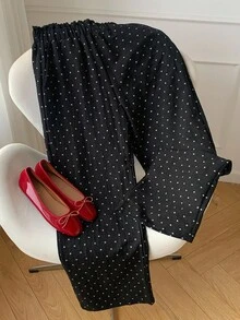 Comfortcana 女式新款波尔卡圆点撞色蕾丝边休闲宽松裤 - 黑色 - 查看 3