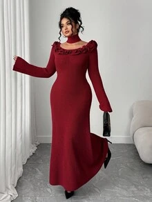 Cravure Vestido de Tricô Elegante de Estilo de Senhora com Gola de Lenço, Manga Longa, Novo Decote em U 3D Floral, Ajustado de Comprimento Médio, Outono/Inverno para Mulheres - Vinho - Visão 1