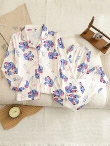 女孩柔软舒适休闲睡衣套装，可爱卡通长耳兔全身印花，时尚翻领开衫长袖和裤子两件套家居服 - 杏色 - 查看 8