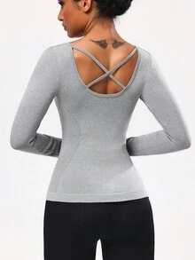 Seamluxe SHEIN Sport Damen Einfarbiges minimalistisches Kreuz-Langarm Lässig Sport T-Shirt