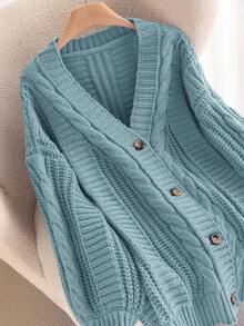 SHEIN Frenchy Plus Size Solid Color Loose Fit Long Sleeve Front Button Cardigans - Blue - View 6