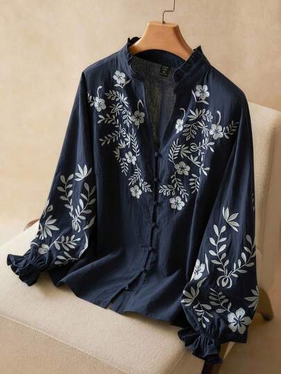 Elaquor Plus Size Floral Embroidery Cutout Collar Casual Vacation Shirt/ Women Blouses Navy Blue Blouse Elegant Women Blouses Spring