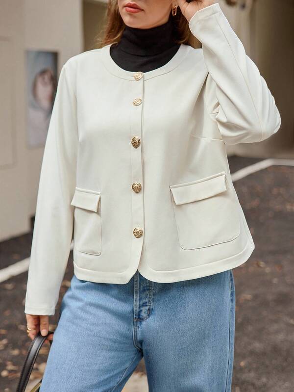 Calvaya Jaket Mantel Lengan Panjang Leher Bulat Elegan untuk Wanita Ukuran Besar, Musim Gugur/Musim Dingin