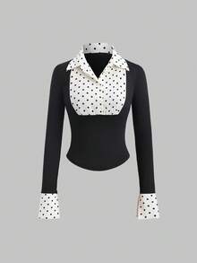 Sweetra 新款秋季波点拼接修身休闲通勤长袖女衬衫 - 黑色 - 查看 8