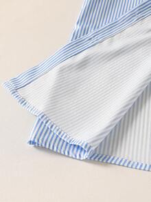 青少年（男孩）休闲通勤学院风条纹长袖披肩领衬衫搭配拉绒裤套装，春秋冬 - 藍色 - 查看 3