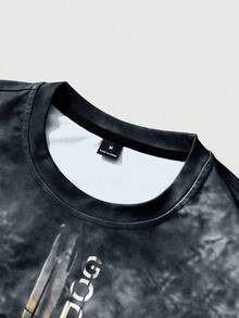 Manfinity LEGND 男士休闲时尚街头扎染十字架和标语印花宽松长袖 T 恤，春秋季 - 黑色 - 查看 6