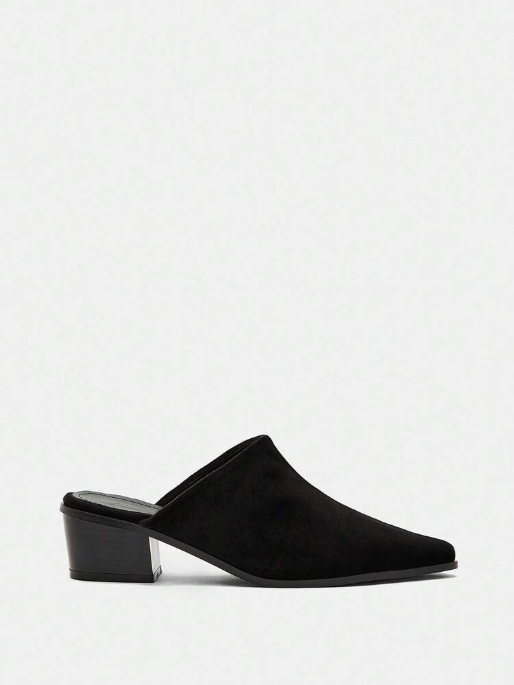 CUCCOO BIZCHIC Women's Pointed Toe Chunky Heel Black Suede Mules, Elegant Commuter High Heel Slip-On Shoes, Vintage Style, Suitable For Spring Casual Wear For Christmas Spring Shoes