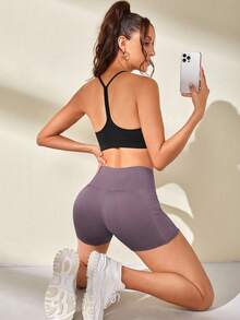 Velisys 2件套基本款吸湿排汗运动短裤，黑色/紫色，腰带设计，适合健身、瑜伽 - 彩色 - 查看 5