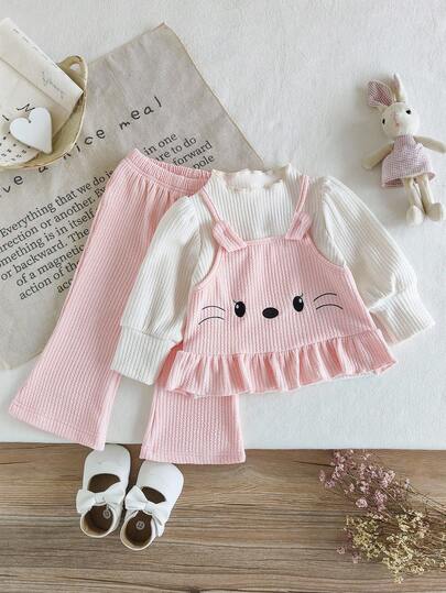 SHEIN 女婴可爱猫咪刺绣仿层上衣和宽松舒适裤子两件套，粉色，2025 年秋冬