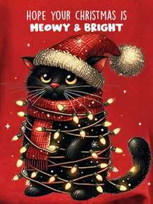 EMERY ROSE 圣诞搞笑猫咪印花圆领女式卫衣 - 紅色 - 查看 3