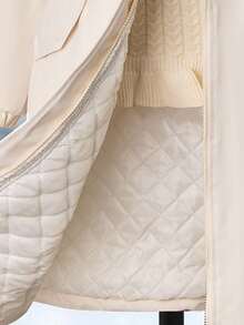 SHEIN 青少年斜口袋休闲时尚收腰宽松中长款女童可拆卸毛领夹棉大衣，百搭外套 - 米色 - 查看 8