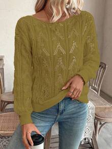 EMERY ROSE Vacation Style Casual Hollow Floral Pattern Off Shoulder Loose Fit Long Sleeve Pullover Sweater - Mustard Yellow - View 6