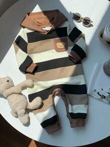 SHEIN 新生儿男女通用卡其色条纹卡通熊连帽连体衣，秋冬季婴儿服装，男婴服装，棕色摩卡色婴儿服装，秋冬季婴儿服装 - 彩色 - 查看 3