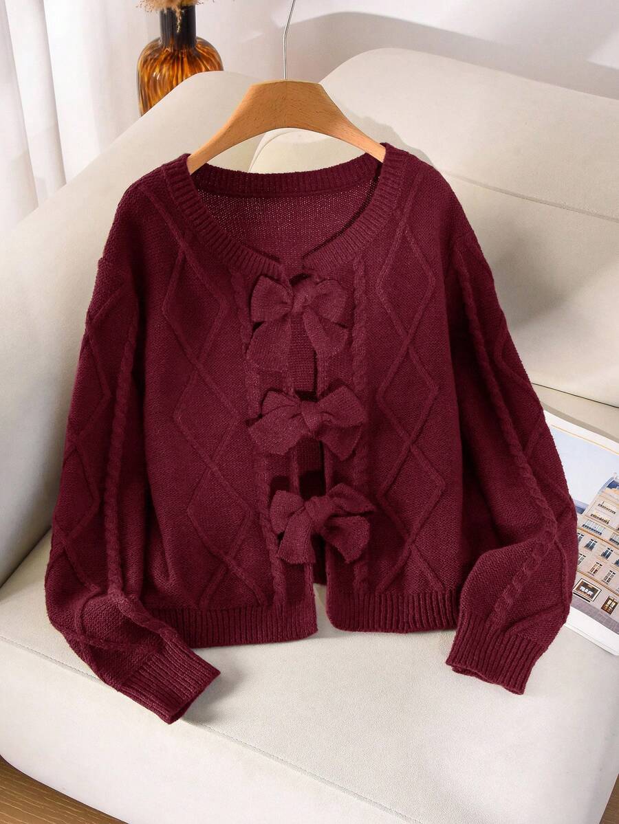 CosyJoli Women's Plus Size Brown Bow Collar Design Open Front Knit Cardigan, Comfortable For Daily Wear, Commuting, Autumn/Winter Red Burgundy - Burgundy - View 1