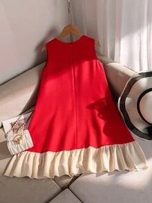 青少年女孩圆领无袖蝴蝶结装饰珍珠铆钉撞色褶皱荷叶边下摆连衣裙 - 紅色 - 查看 2