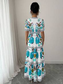 Elenzga 女士花卉度假V领泡泡袖长裙