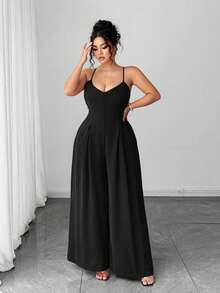 Elenzga Plus Size Women's Elegant Dignified Button Strap Pleated Waist Wide Leg Jumpsuit, Spring/Summer