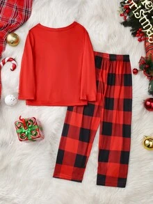 2 件套女童幼儿格子蝴蝶结心形休闲舒适长袖上衣和裤子睡衣套装 - 紅色 - 查看 2