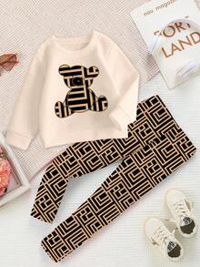 2 件套幼儿女童休闲时尚卡通熊格子图案印花圆领运动衫和紧身裤套装，适合秋季 - 彩色 - 查看 3