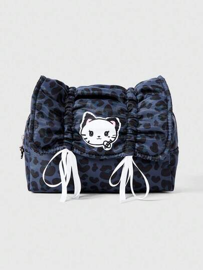 Kawaii Vintage Cute Bow Drawstring Large Capacity Portable Cosmetic Bag & Leopard Print Pencil Case
