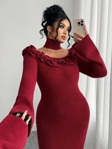 Cravure Vestido de Tricô Elegante de Estilo de Senhora com Gola de Lenço, Manga Longa, Novo Decote em U 3D Floral, Ajustado de Comprimento Médio, Outono/Inverno para Mulheres - Vinho - Visão 3