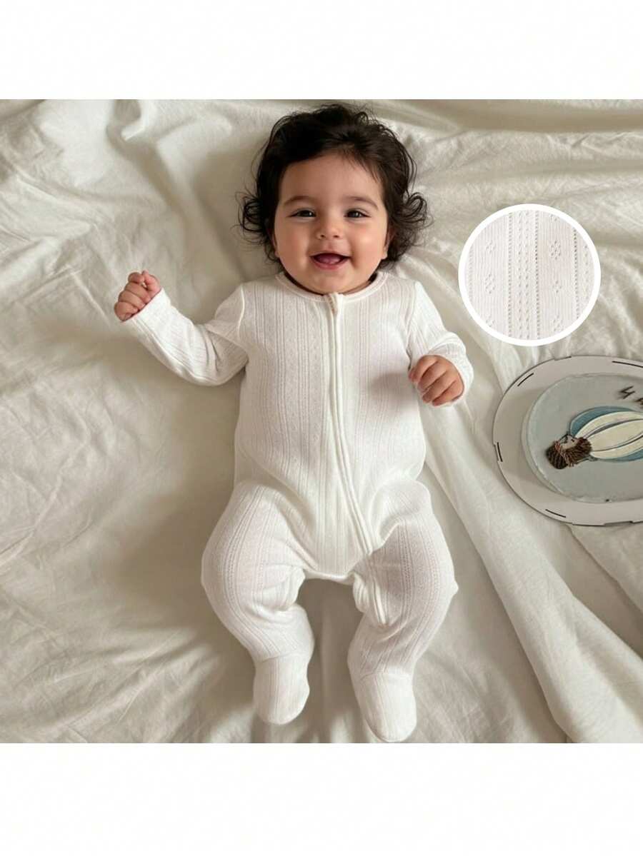 Loomiva Newborn Baby Boy/Girl Simple Solid Color Comfortable Homewear, Textured Homewear Suitable For Winter Baby Casual Zipper Romper Baby Bamboo Fiber Zip Up Baby Bamboo Romper Baby Knit Jumpsuit Neutral Baby Clothes Unisex Baby Zipper Romper White Knit Baby Romper Baby Casual Romper - Beige - View 1