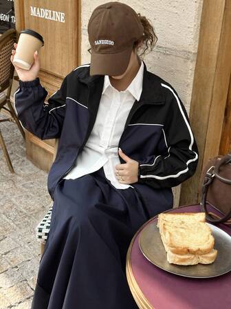 青少年女孩休闲运动风格双色对比滚边条纹带侧高领拉链夹克，适合度假、夏季、旅行