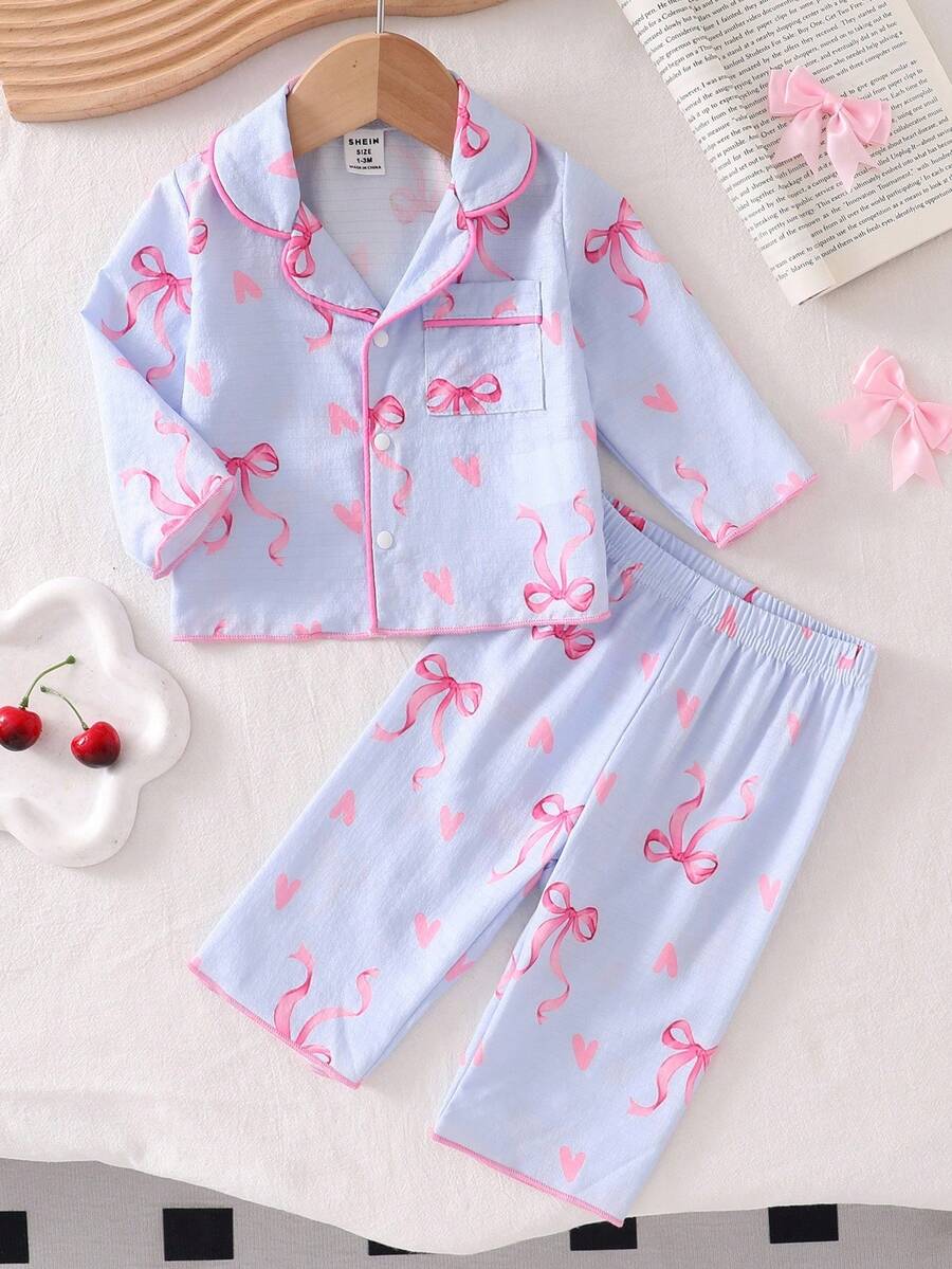 2 件套女婴樱桃印花长袖开衫和裤子睡衣套装，梭织面料 - 藍色 - 查看 1