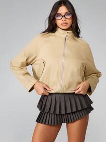 MISSGUIDED Áo khoác bomber ngắn phong cách cổ điển dài đến hông, cổ đứng, khóa kéo phía trước, áo khoác ngoài cổ điển, thời trang thiết yếu cho mùa thu đông - Màu Khaki - Xem 3