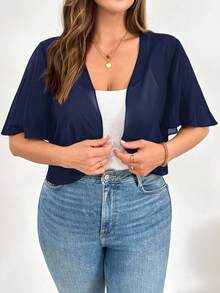 SHEIN Essnce Áo khoác cardigan tay ngắn bằng chiffon dáng rộng, thoải mái, thoáng mát, thoáng khí dành cho nữ cỡ lớn, thích hợp mặc hàng ngày vào mùa xuân và hè, áo khoác chống nắng, áo đi biển, áo kiểu dự tiệc. - Màu xanh hải quân - Xem 5