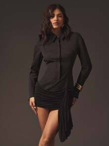 Hauture Formal Old Money Office Business Casual Solid Color Ruched Draped Side Mini Shirt Dress - Black - View 5