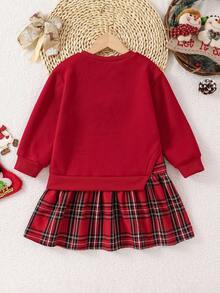 SHEIN Young Girls' Red Plaid Skirt Set,Long Sleeve Sweatshirt Dress,Winter Princess Outfit For Birthday & Back-To-School,Autumn Two Piece Kids Clothes Set - Red - View 7