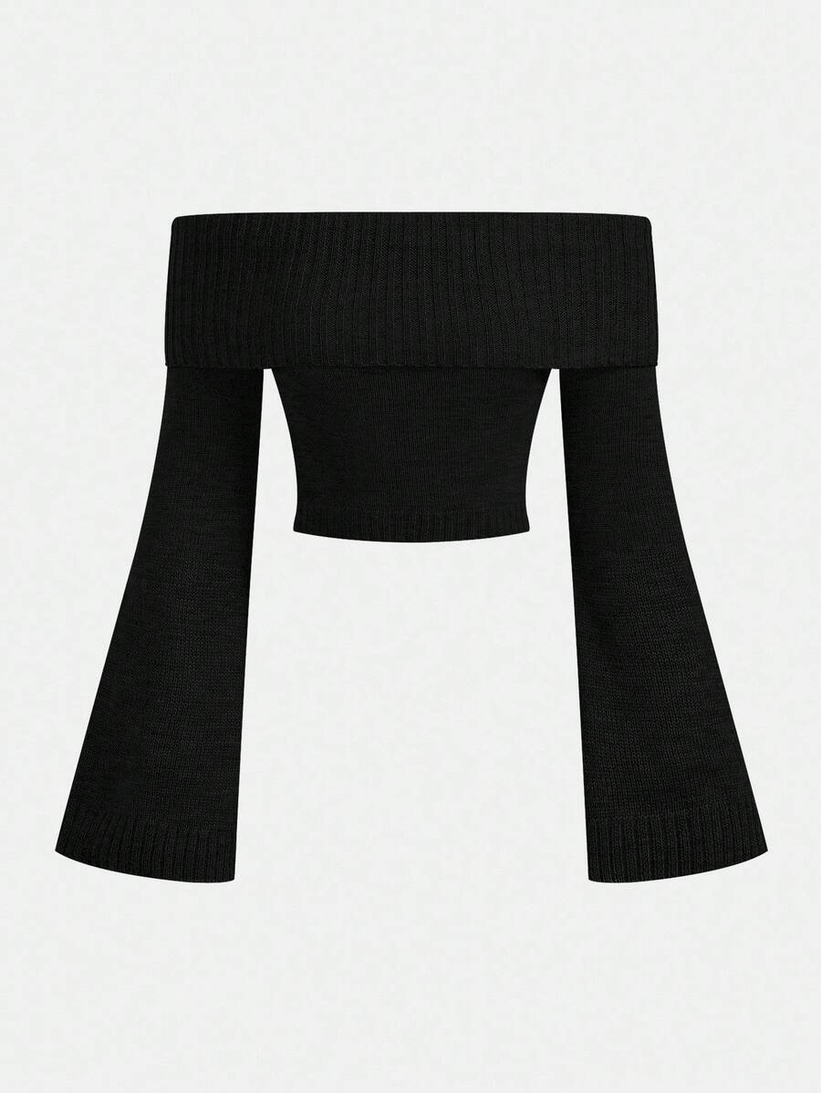 Girlism كنزة صوفية صوفية قصيرة للفتيات المراهقات بأكمام واسعة منسدلة وياقة مكشوفة الكتفين، بلوزة صوفية أنيقة للارتداء في فصلي الخريف والشتاء، مناسبة للحفلات