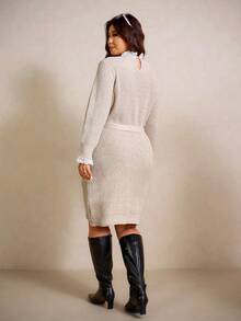 Elaquor Plus Size Casual Minimalist Basic Urban Chic Lace Patchwork Loose Solid Color Women Knitted Sweater Dress Autumn Winter Clothes For Women - Apricot - View 2