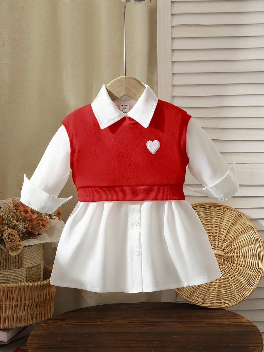 SHEIN Playful Pals 2件套女婴休闲黑色刺绣心形背心和蓝色连衣裙套装 - 酒紅色 - 查看 1