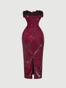 SHEIN MOD Women's Burgundy Glitter Ruffle Collar Midi Dress,Elegant Summer Dining Outfit,Luxury Sparkly Evening Wedding Guest Dress,Glamorous Party Clothing - Hot Pink - View 3