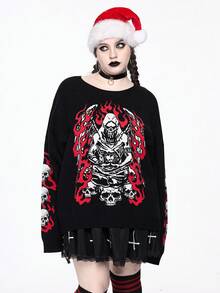 ROMWE Gothic Christmas Holiday Skull & Demon Pattern Jacquard Knit Plus Size Sweater For Women - Multicolor - View 6