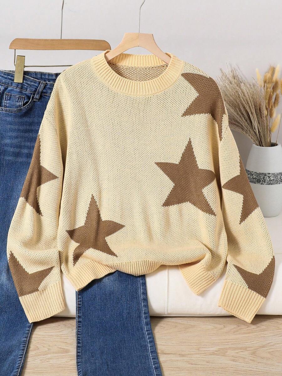 Teenager Fashion Pentagram Sweater, Loose Fit Comfortable Warm Gray Beige Knit Pullover, Casual Chic For Halloween, Daily, Holiday, Versatile - Apricot - View 1